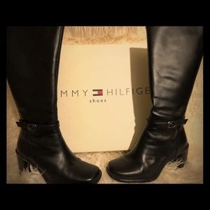 Tall black chunky heel boots